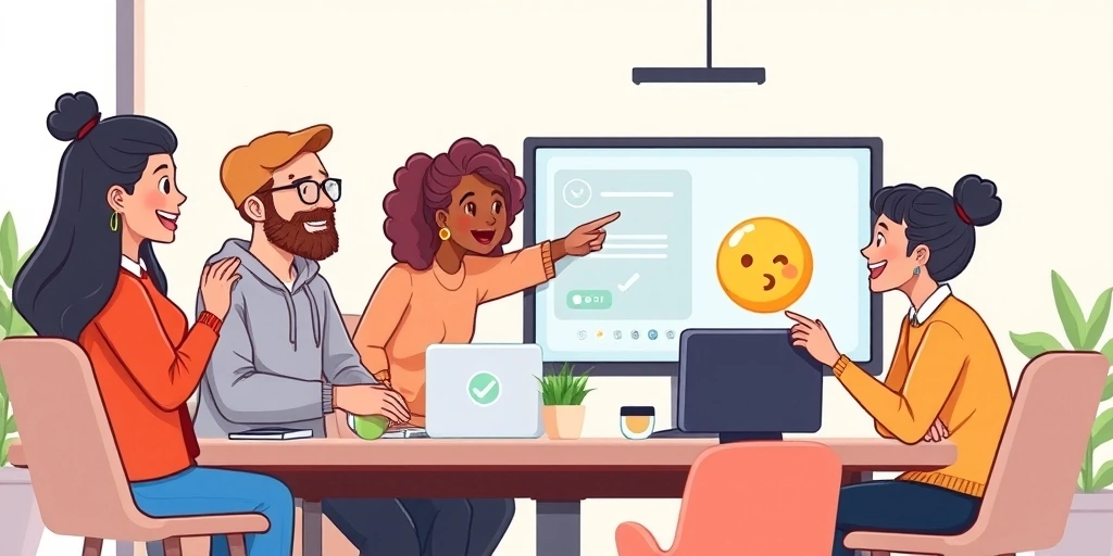Team members coordinating tasks with visual emoji cues on a shared screen during a meeting.