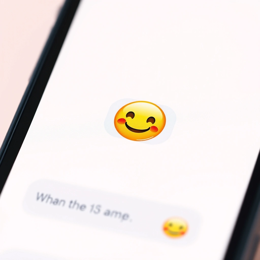 A smartphone displaying a friendly text chat enhanced by a smiling emoji