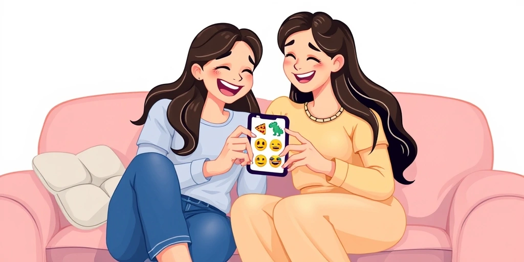 Friends sharing a laugh over a funny emoji-filled message on a phone