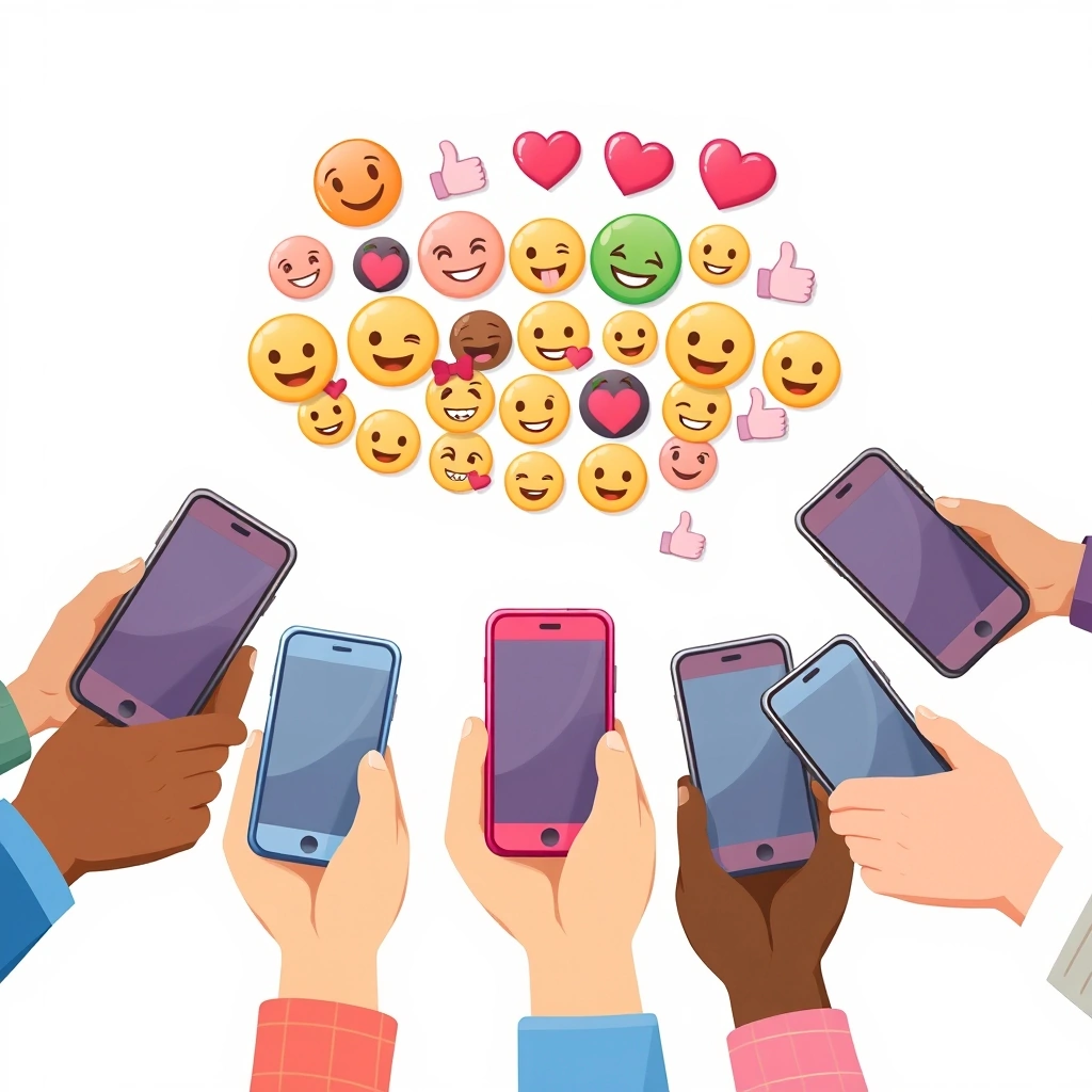 Hands holding phones with a cloud of emojis representing shared group chat sentiment.