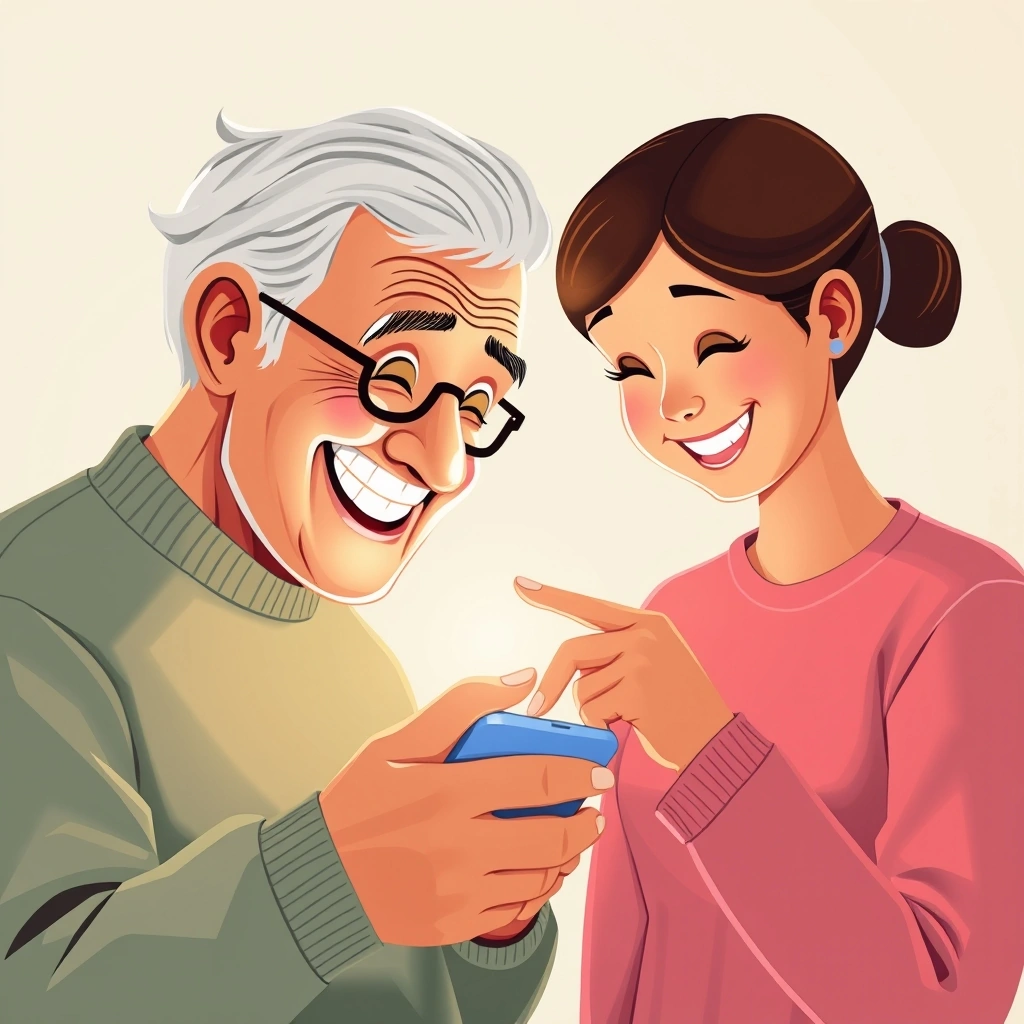 Different generations bonding over and discussing emojis on a smartphone.