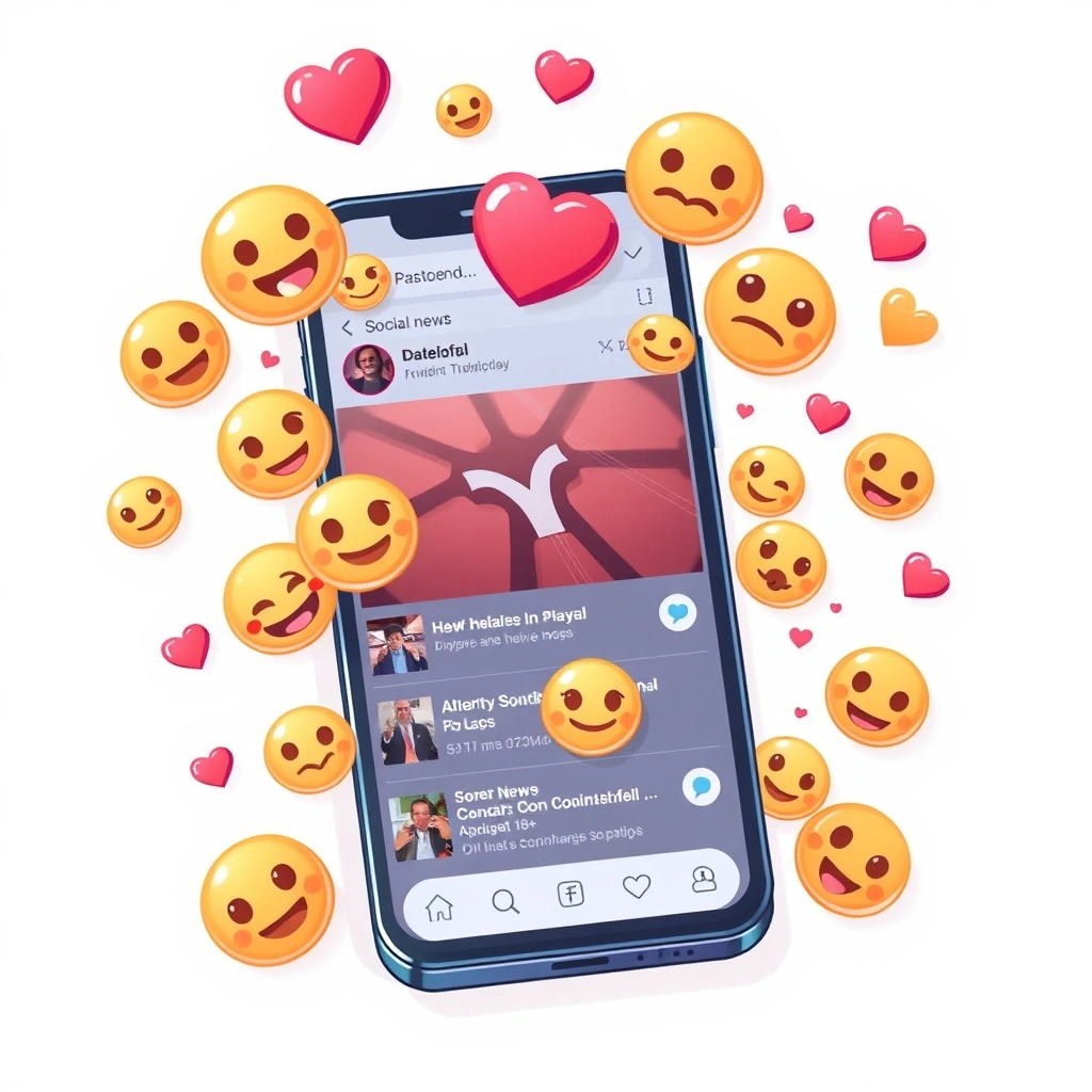 A social media feed on a phone, with emojis helping to manage the emotional tone of trending news posts.