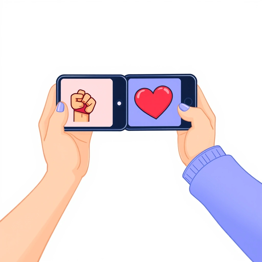 Hands holding phones with a fist emoji and a heart emoji, representing unity and empathy in digital conversations.