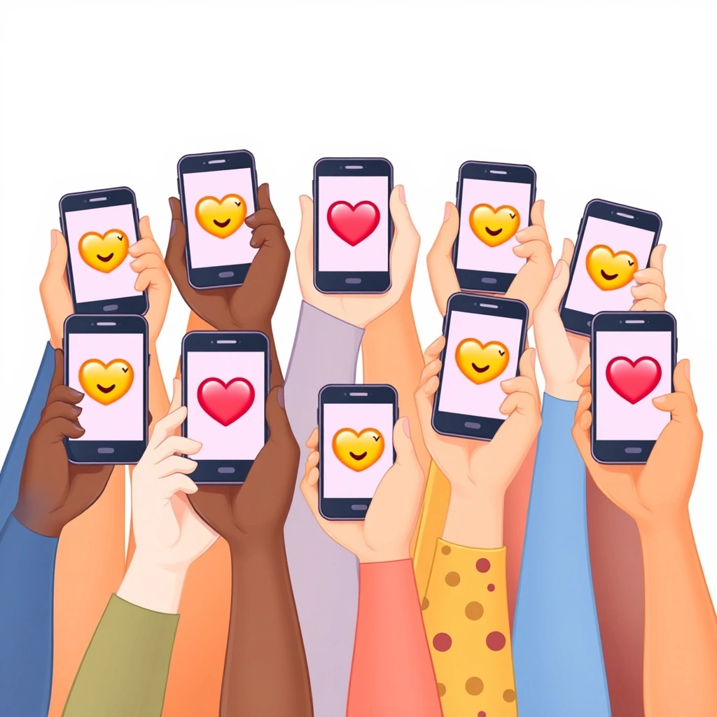 Multiple people holding phones displaying the same emoji in a show of digital solidarity.