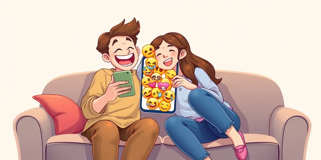 Two friends sharing a laugh over a phone screen full of funny emojis.