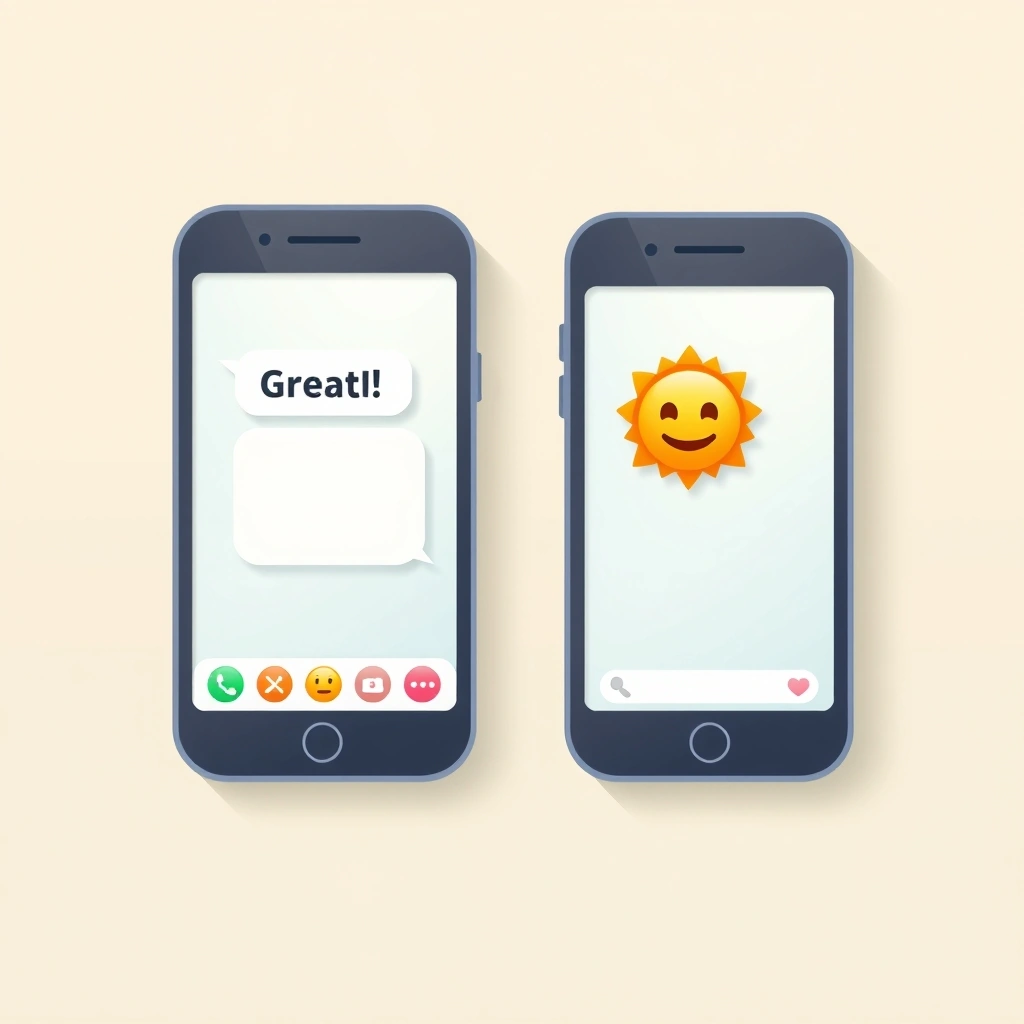 Two smartphones showing a friendly text conversation completed with an emoji