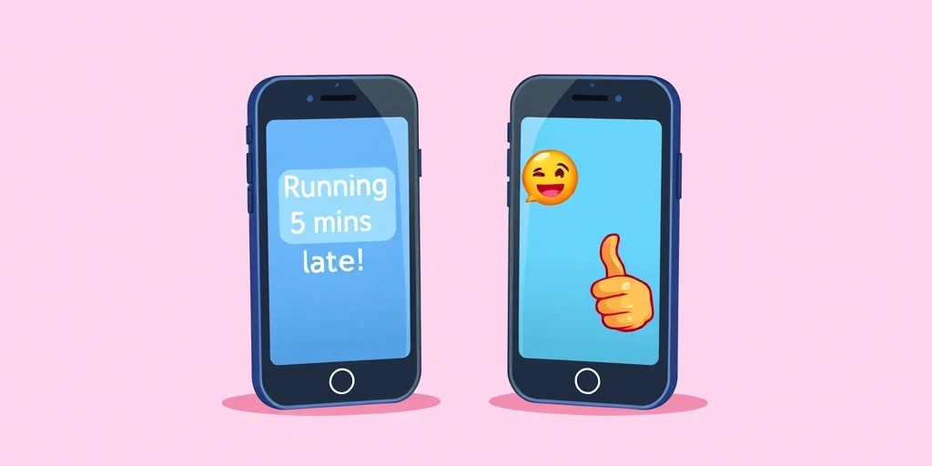 Phone screens showing a text about being late replied to with a running and OK emoji, demonstrating quick, positive acknowledgment.