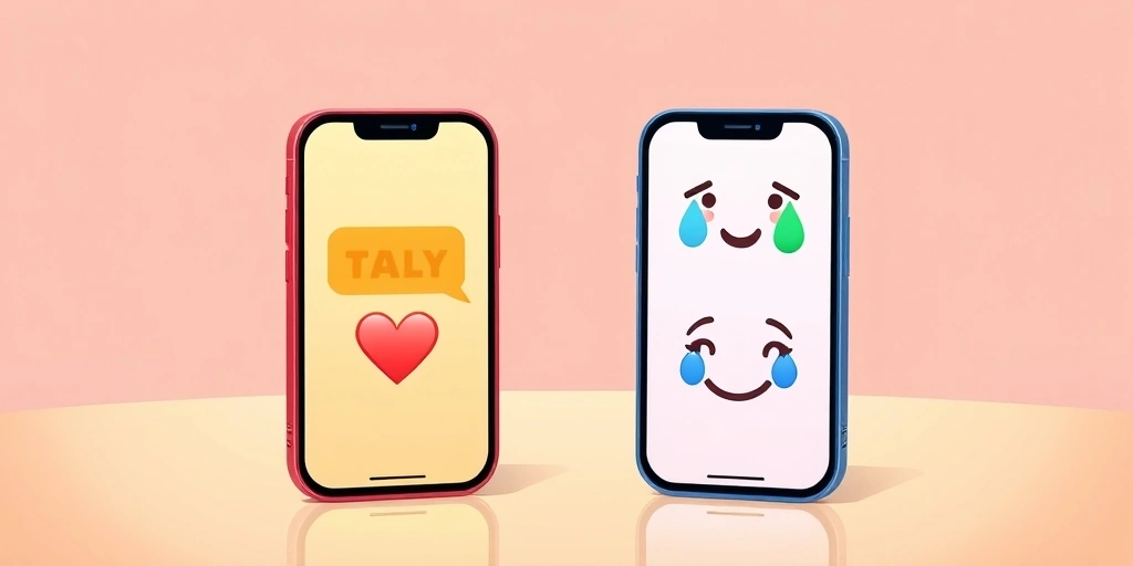 Two phones exchanging messages with heartfelt emojis on their screens.