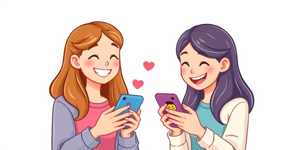 Two people laughing together while looking at a phone screen showing a heart and grimace emoji combination.