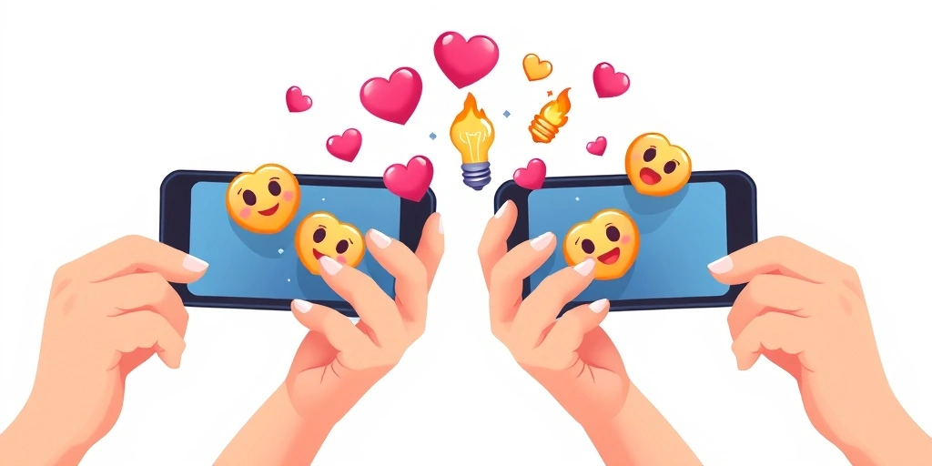 Visual metaphor of emoji pairs flowing between phones during a text conversation.