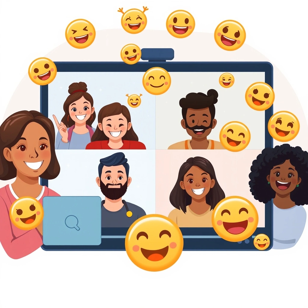 Remote team building rapport and celebrating with emojis during a video call.