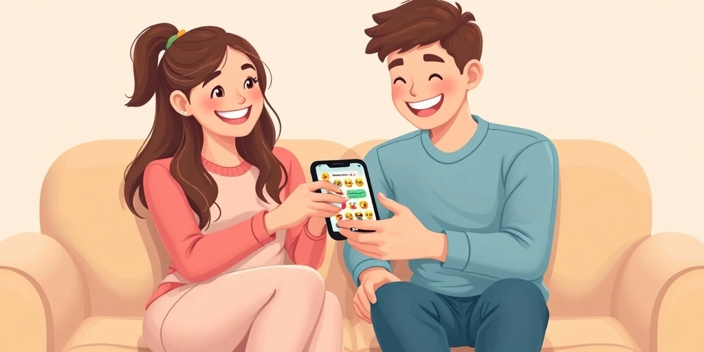 Friends laughing over an emoji-based text conversation