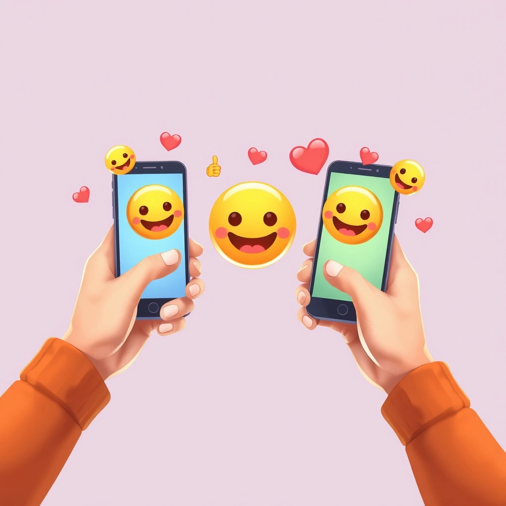 Emojis creating a bridge of clarity and positive intent between two people texting.