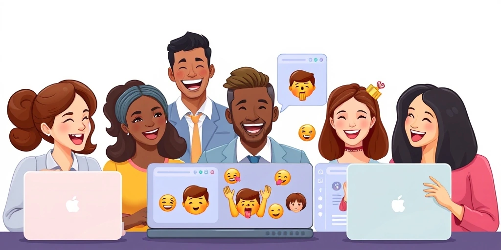 Remote team members on a video call, with emoji-filled chat windows visible on their screens.