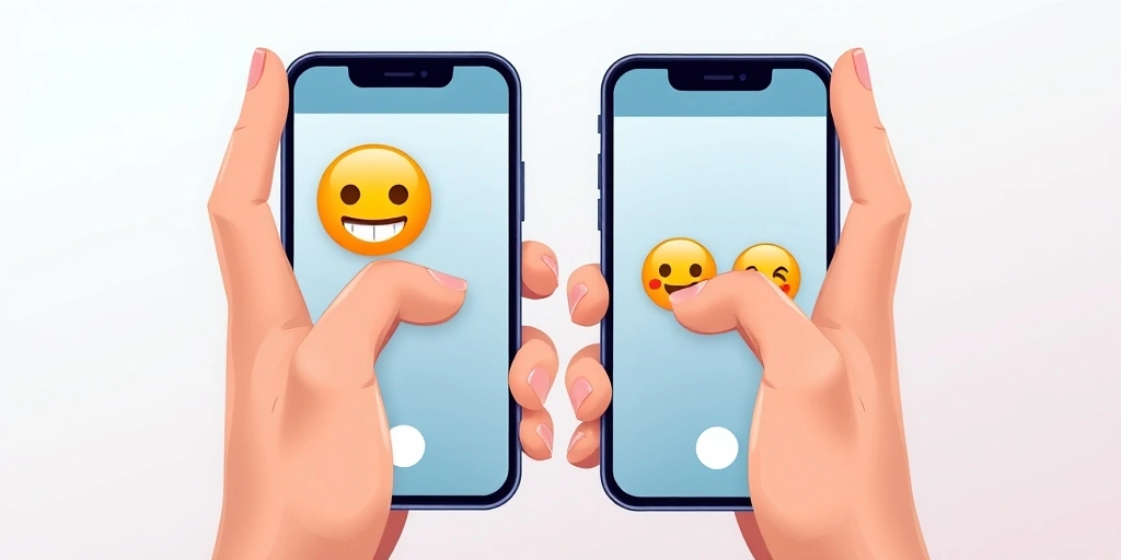 Two phones displaying clever, implied-humor emojis like a smirk and a thinking face in a text conversation.