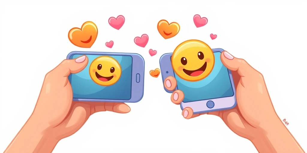 Emojis creating a bridge of positive connection between two smartphones.