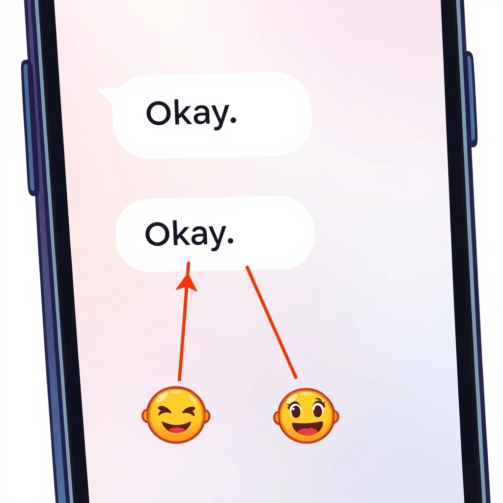 A smartphone screen comparing a plain 'Okay' text message with versions that include emojis, demonstrating the change in emotional tone.