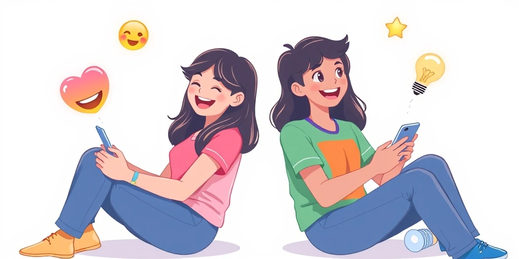 Two people connected through their phones, with symbolic emojis floating between them representing shared feelings and ideas.