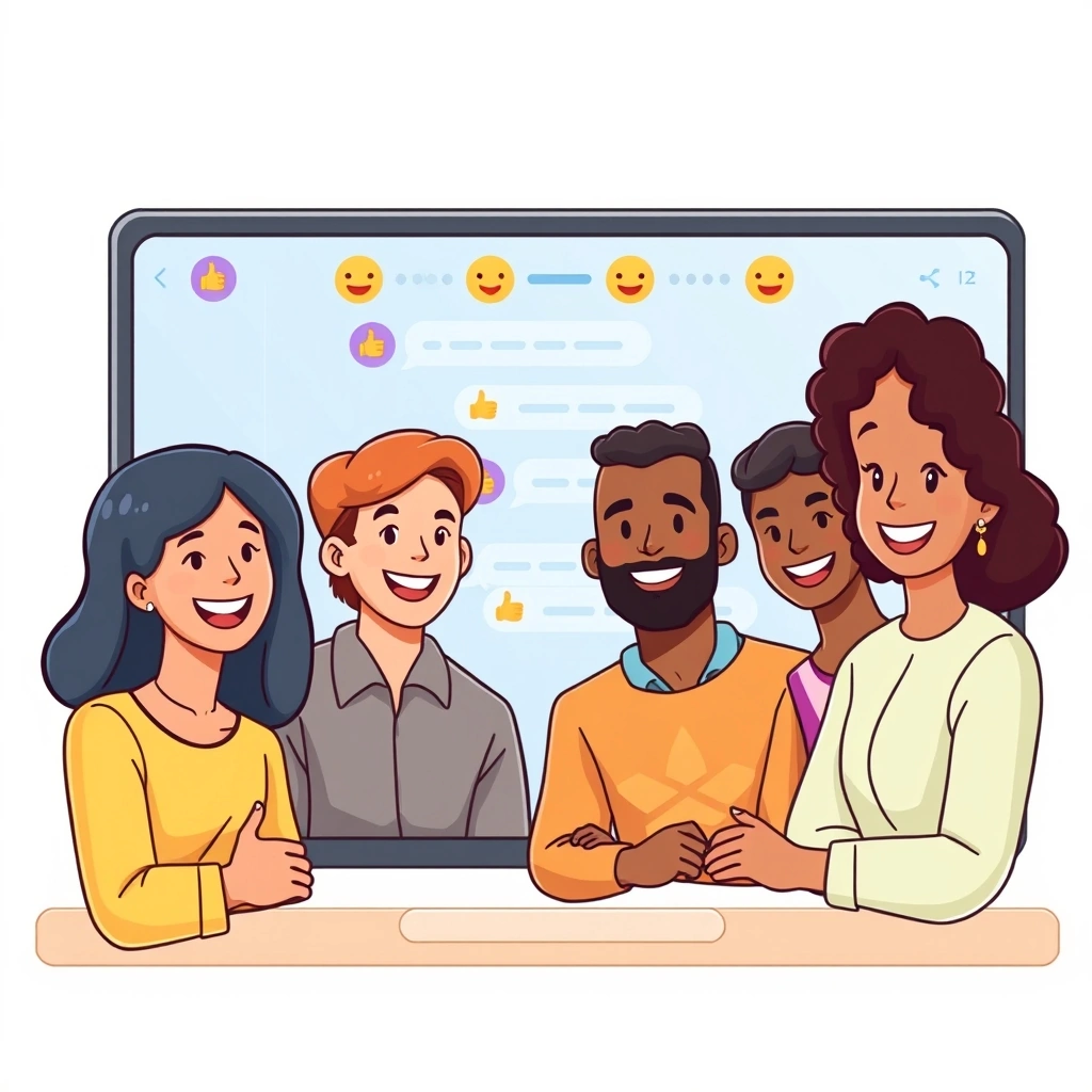 A happy remote team on a video call, with a clean, positive team chat visible beside them.