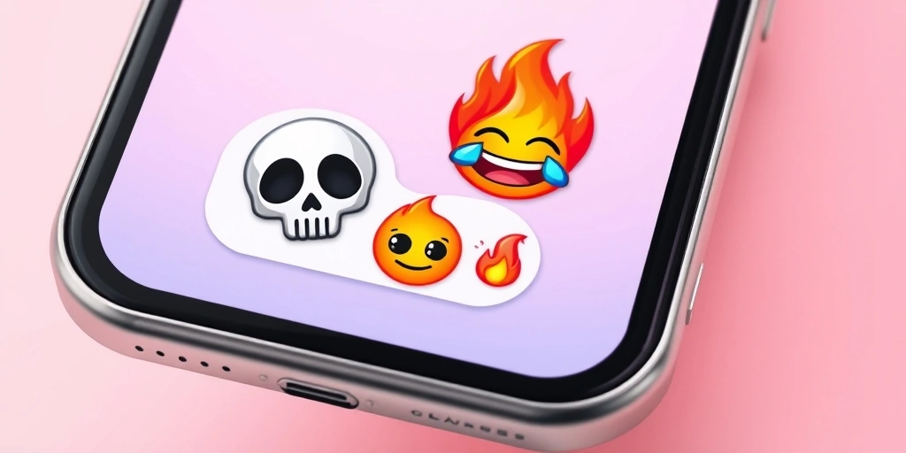 A phone screen showing a text conversation full of popular emojis like skull and fire.