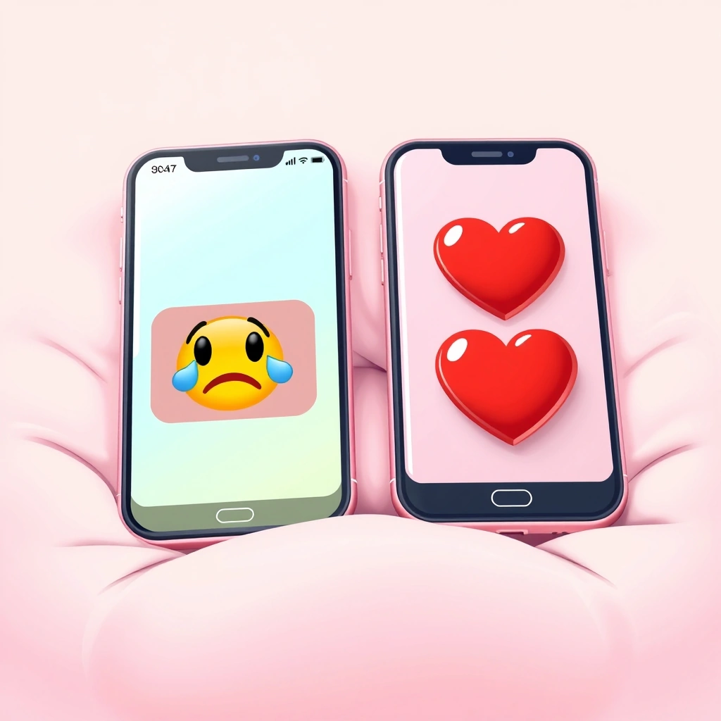 Two phones exchanging a sensitive conversation softened by a heart and tear emoji.