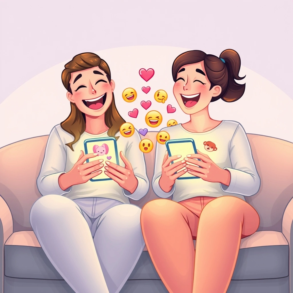 Friends sharing a laugh while their phones show a fun, emoji-filled conversation.