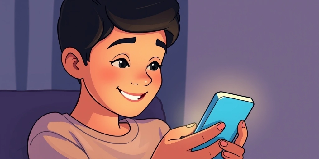 A person smiling softly at their phone, engaged in a slow conversation