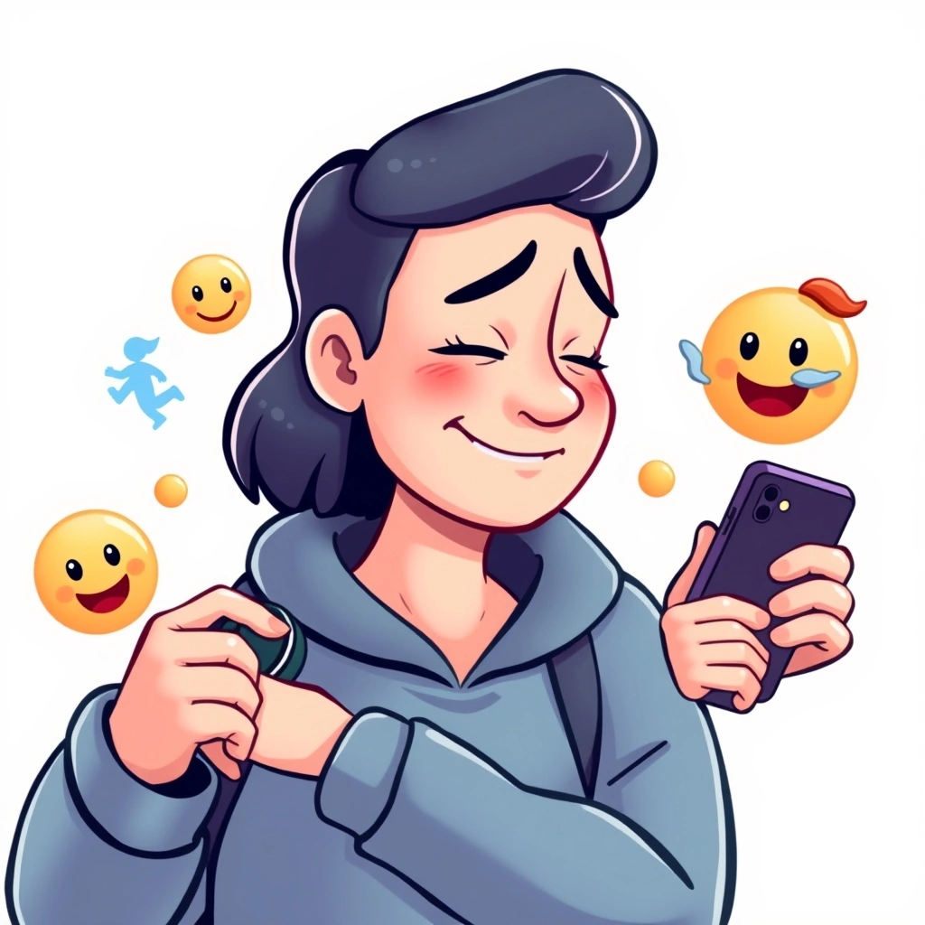 Someone running late, checking the time with their phone, with playful emoji icons in the air.