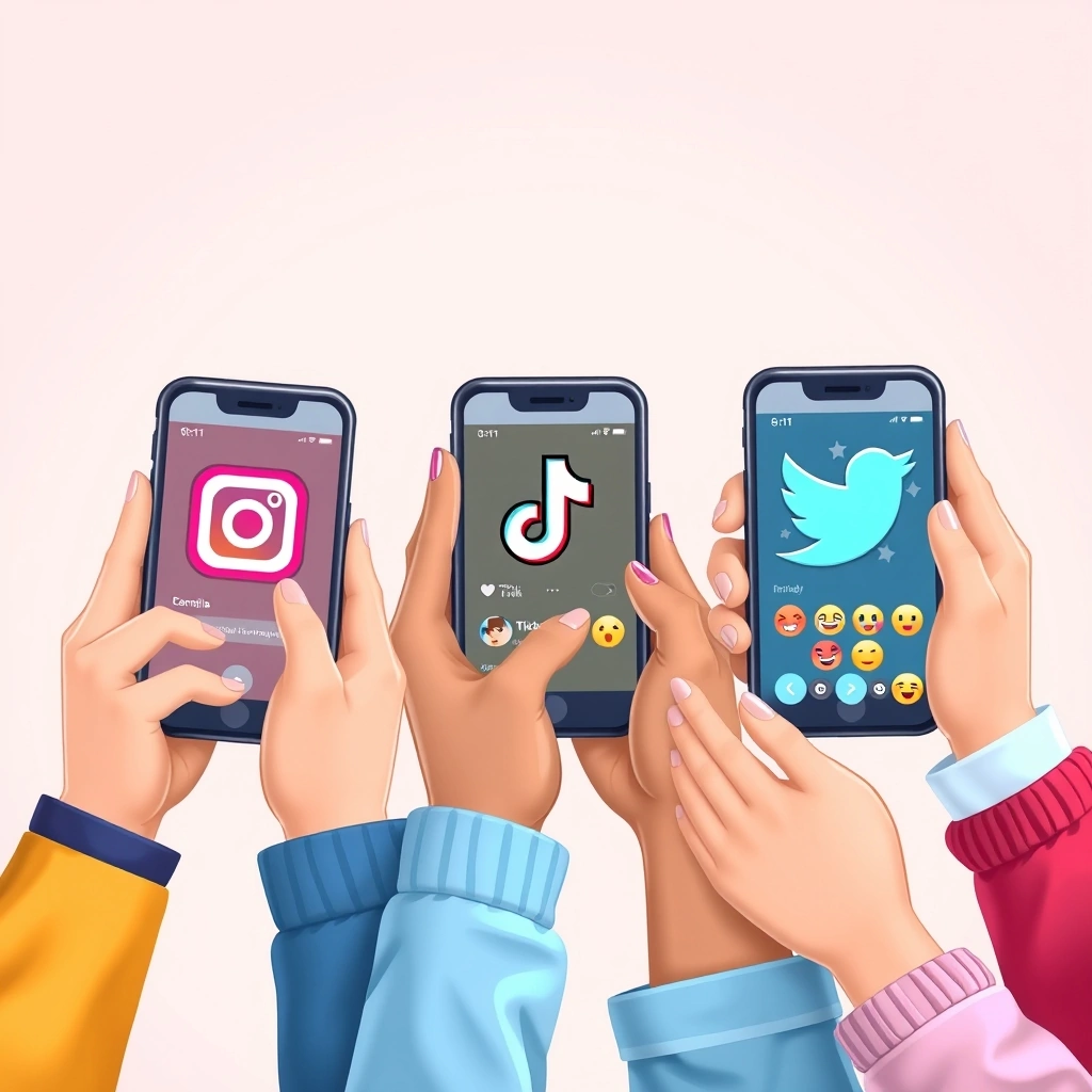 Different social media platforms reflected on phone screens, showcasing their unique emoji environments.