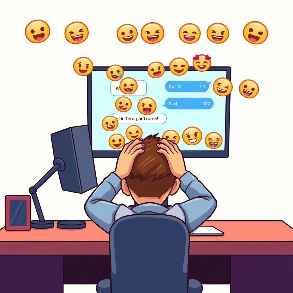 Someone overwhelmed by confusing emoji reactions in a busy online group chat.