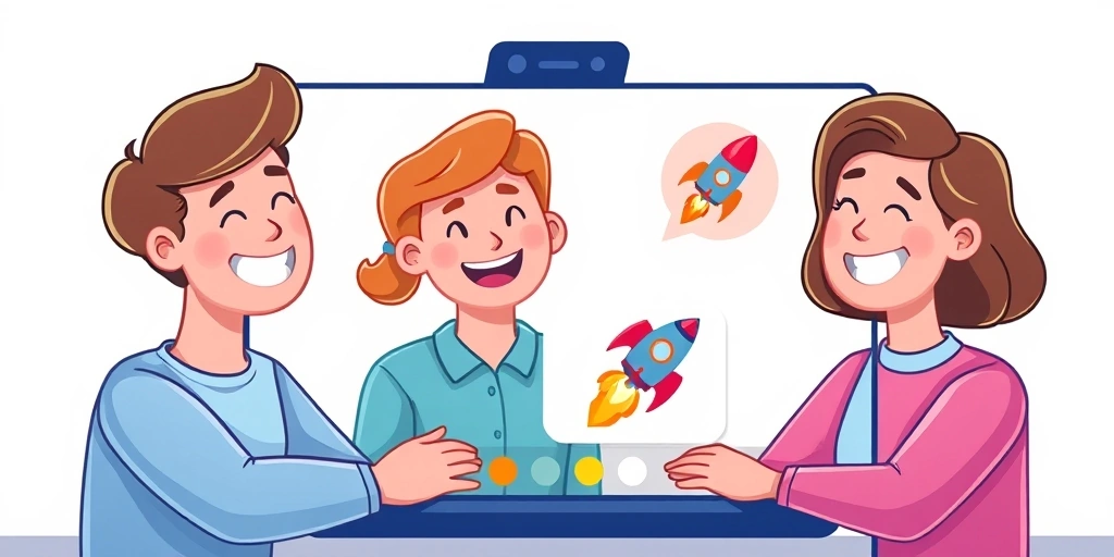 A remote team celebrating a success, with an emoji-enhanced status update visible on screen.