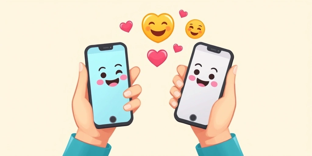 Emojis like smiles and hearts bridging the gap between two people texting.