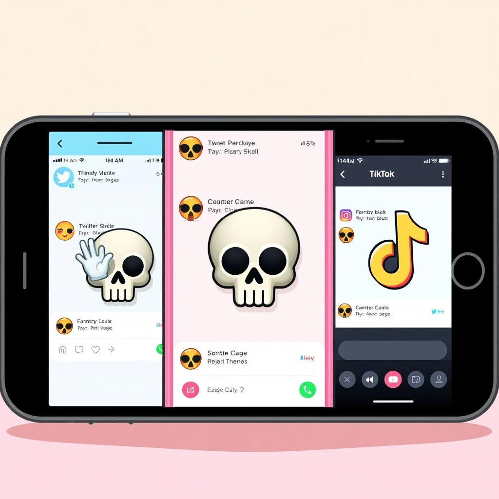 Comparing how the skull emoji is used differently across Twitter, Instagram, and TikTok apps on a phone.