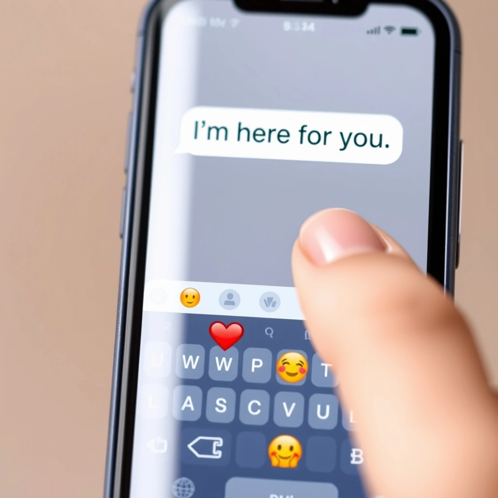 A hand hesitates over the emoji keyboard while typing a supportive message.