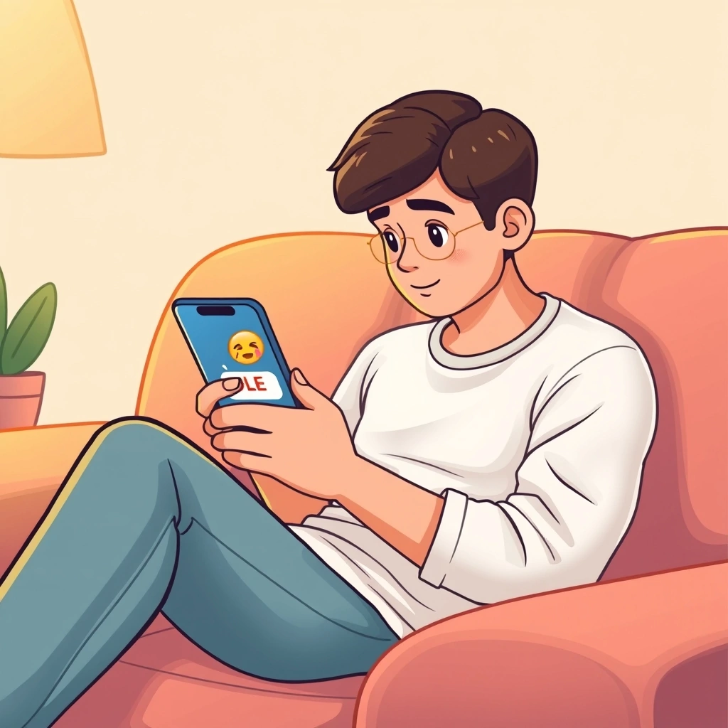 Someone thoughtfully choosing an emoji to soften a message in a comfortable setting.