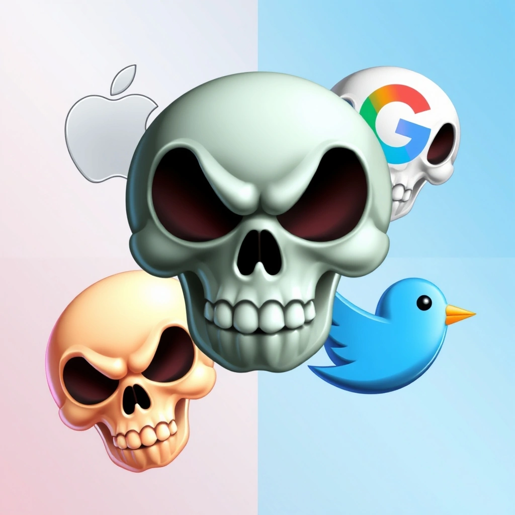 The skull emoji displayed in the different visual styles of major smartphone and social media platforms.