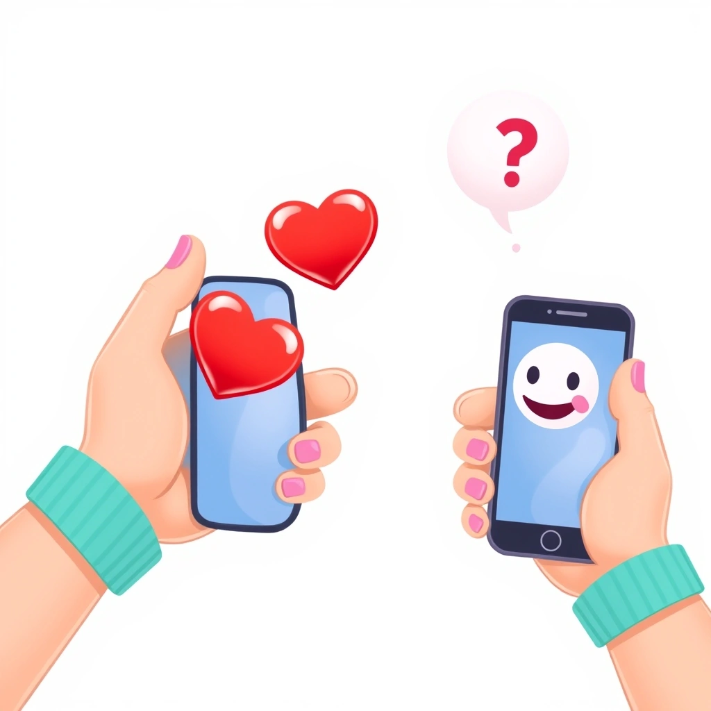 Two people on phones, one sending a heart emoji, the other uncertain how to interpret it.