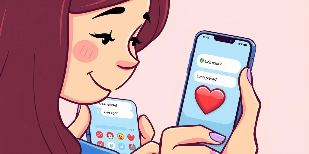 A person smiling at their phone after receiving a heart emoji following a long pause in a text conversation.