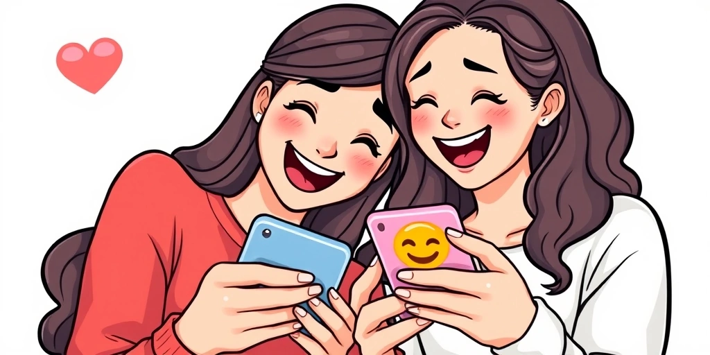 Friends laughing together over a playful emoji on a phone