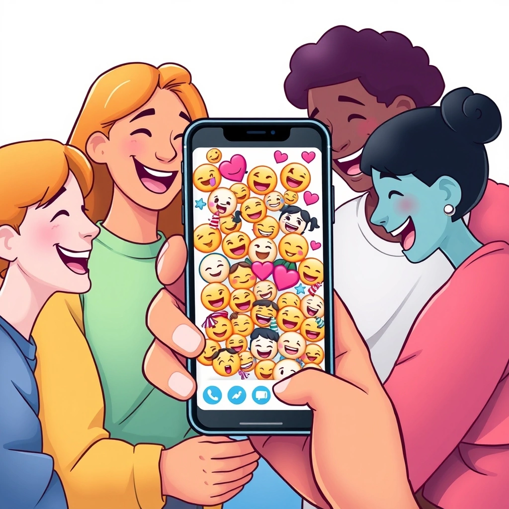 Friends sharing a laugh over a playful, emoji-filled group chat on a phone.