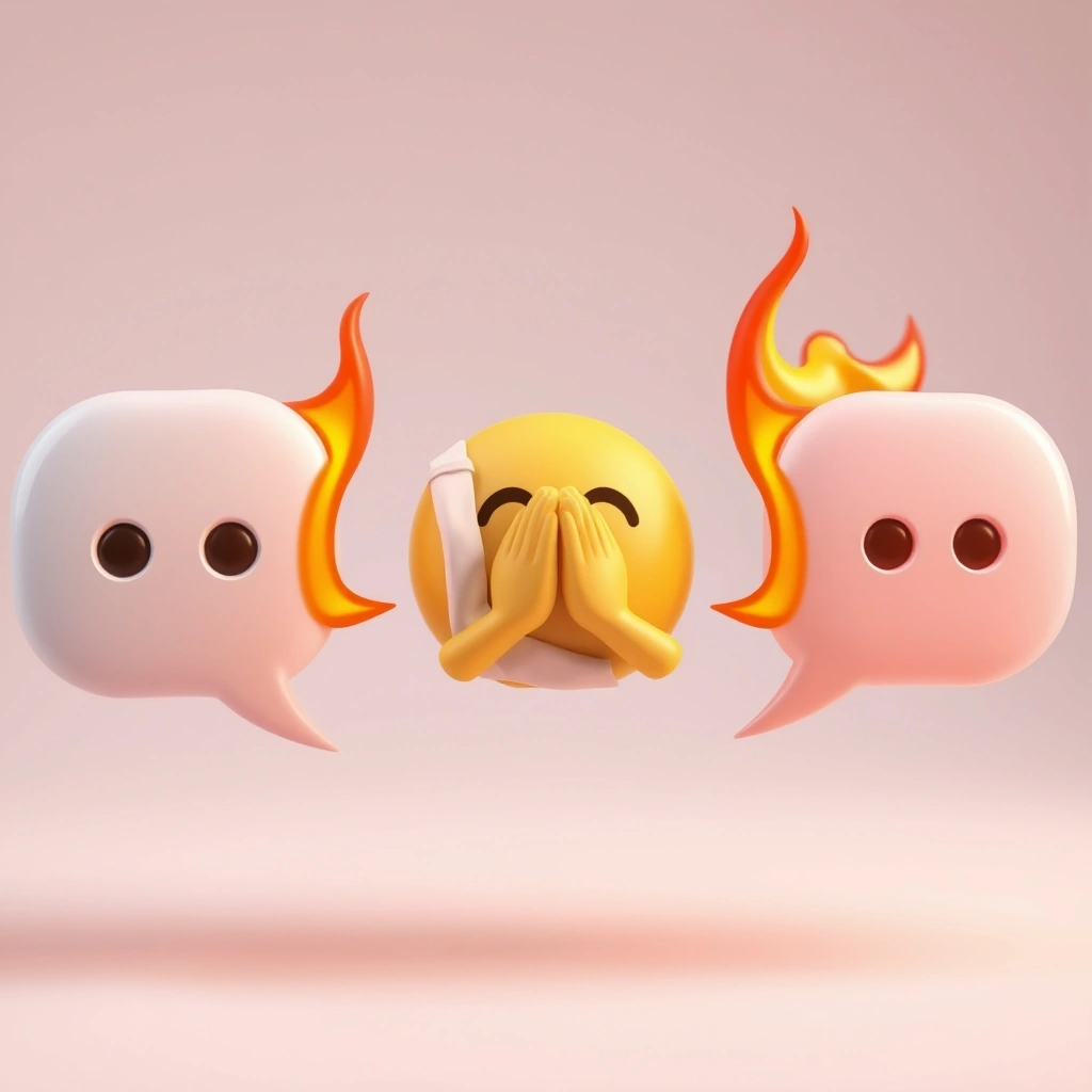 A calming emoji sits between two opposing, heated speech bubbles.