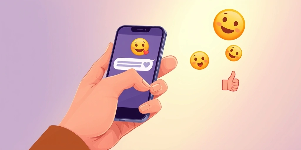 A hand holding a phone, with gentle emoji icons illuminated in the background.