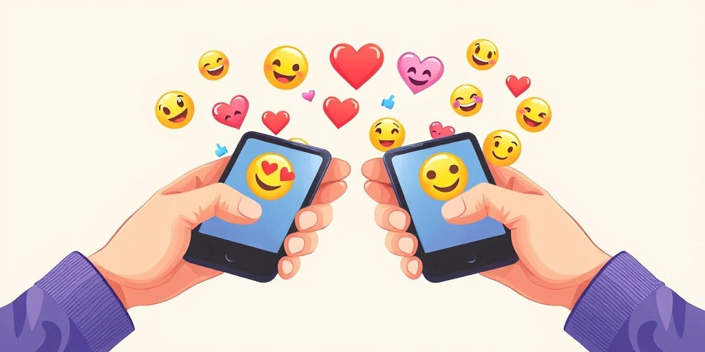 Emojis like hearts and smiles creating a bridge of connection between two phones.