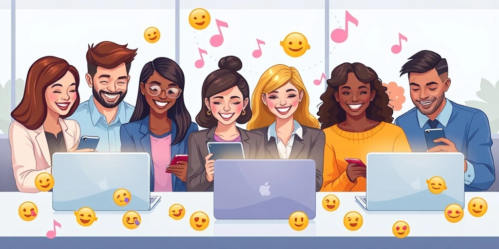Team collaborating happily, with visual elements representing the rhythmic flow of emoji-enhanced communication between them.