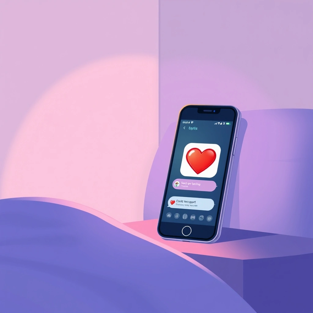 A phone screen glows with a single heart emoji in a dark, quiet room.