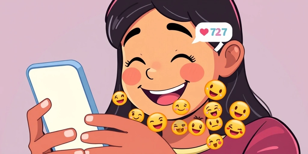 Someone smiling while reading a lighthearted emoji message from family.