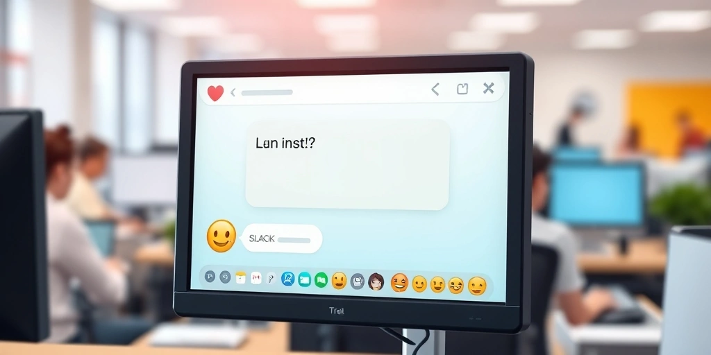 A work chat message with an emoji on a computer screen