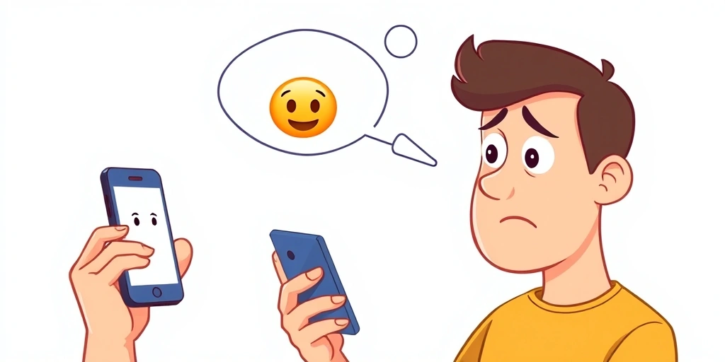 Person hesitating over sending a text, comparing a plain message to one with an emoji.