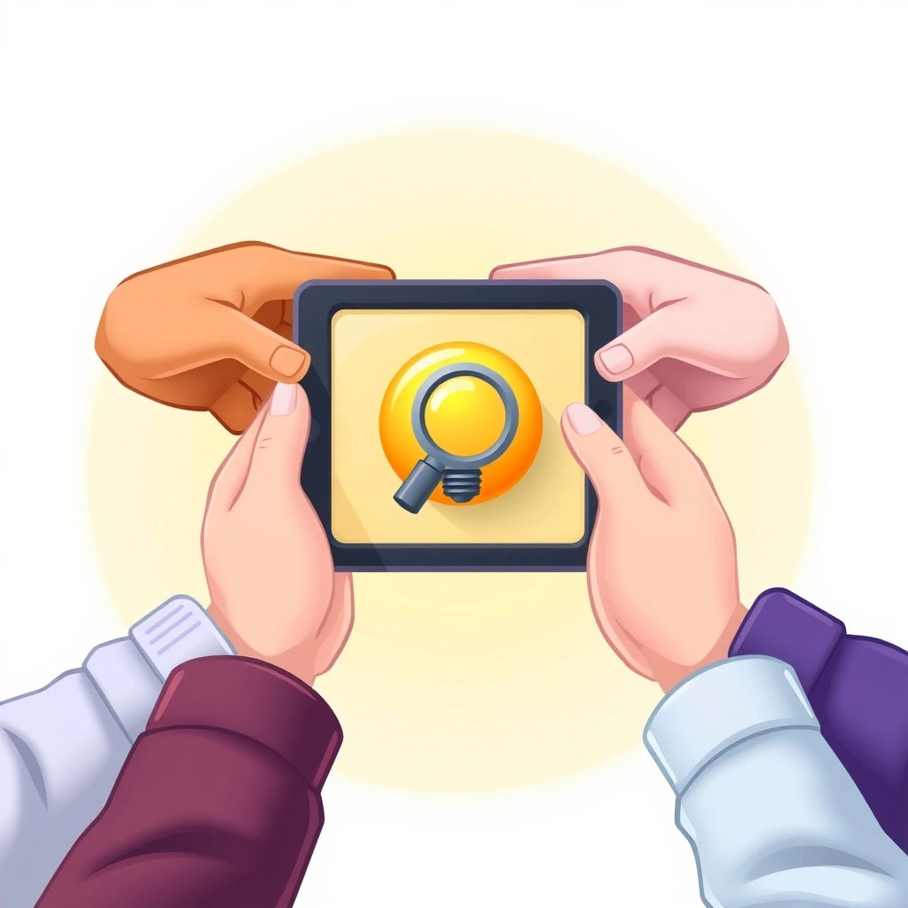 Collaborative hands over a tablet showing a neutral emoji, symbolizing constructive work discussion.
