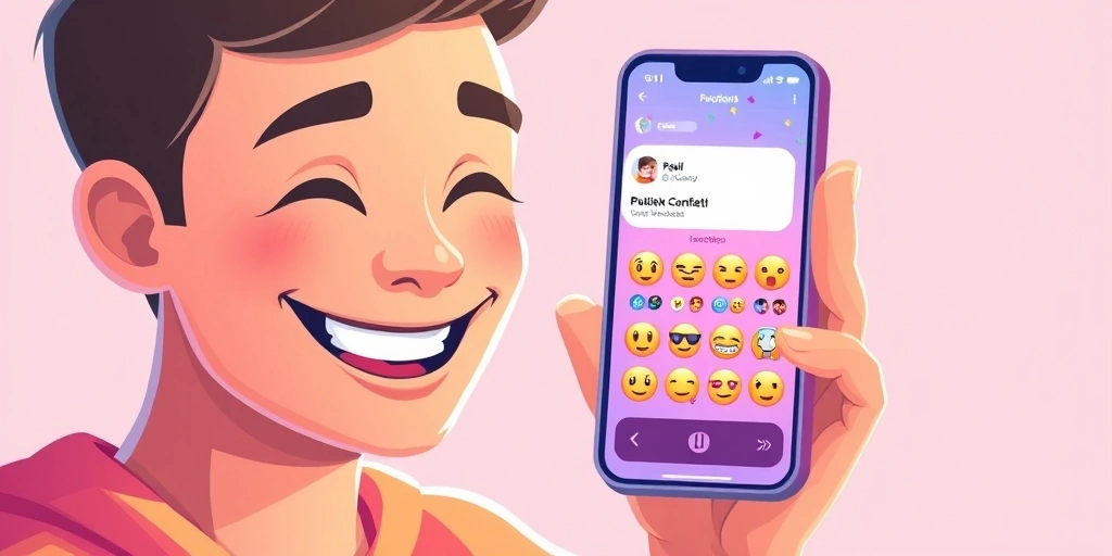 Person happily viewing a social media post with a confetti emoji that has many positive reactions.